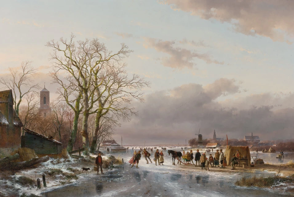 Numerosi pattinatori e una slitta trainata da cavalli presso un punto di ristoro, 1857